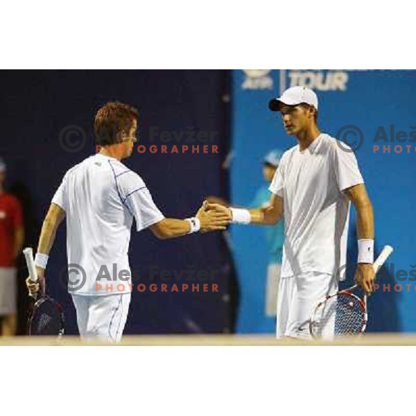 Aljaz Bedene and Blaz Rola of Slovenia in action during doubles first round of Tilia Slovenia Open- ATP Challenger tour, played in SRC Marina, Portoroz, Slovenia on July 2, 2013 