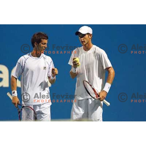 Aljaz Bedene and Blaz Rola of Slovenia in action during doubles first round of Tilia Slovenia Open- ATP Challenger tour, played in SRC Marina, Portoroz, Slovenia on July 2, 2013 