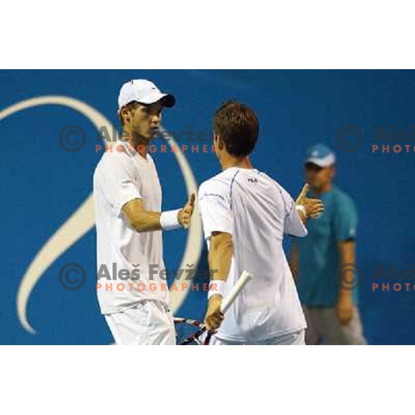 Aljaz Bedene and Blaz Rola of Slovenia in action during doubles first round of Tilia Slovenia Open- ATP Challenger tour, played in SRC Marina, Portoroz, Slovenia on July 2, 2013 