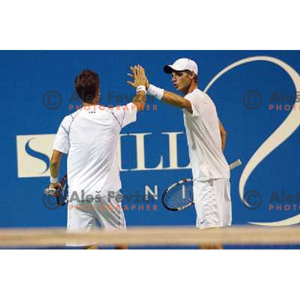 Aljaz Bedene and Blaz Rola of Slovenia in action during doubles first round of Tilia Slovenia Open- ATP Challenger tour, played in SRC Marina, Portoroz, Slovenia on July 2, 2013 