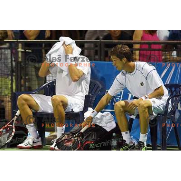 Aljaz Bedene and Blaz Rola of Slovenia in action during doubles first round of Tilia Slovenia Open- ATP Challenger tour, played in SRC Marina, Portoroz, Slovenia on July 2, 2013 