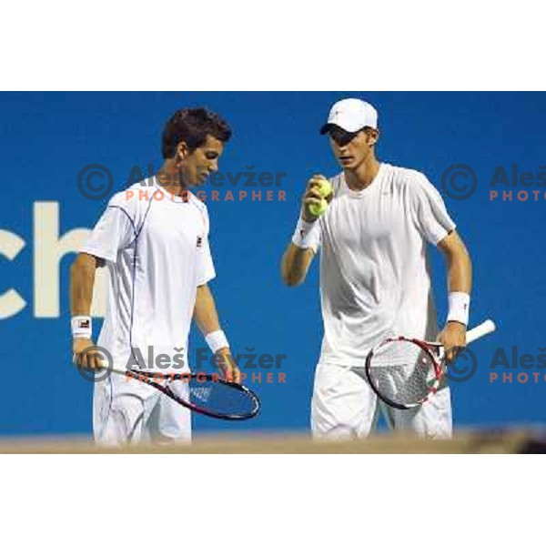 Aljaz Bedene and Blaz Rola of Slovenia in action during doubles first round of Tilia Slovenia Open- ATP Challenger tour, played in SRC Marina, Portoroz, Slovenia on July 2, 2013 