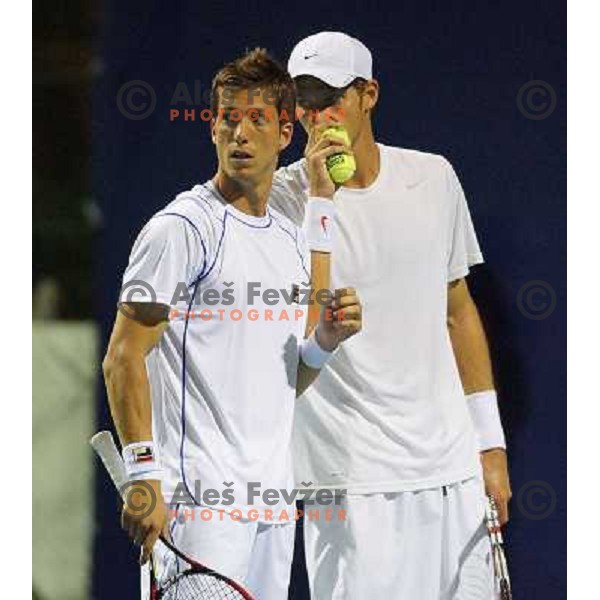 Aljaz Bedene and Blaz Rola of Slovenia in action during doubles first round of Tilia Slovenia Open- ATP Challenger tour, played in SRC Marina, Portoroz, Slovenia on July 2, 2013 
