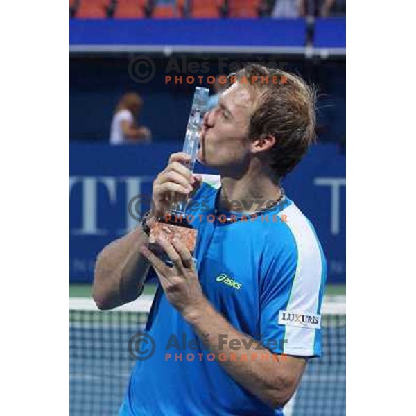Grega Zemlja of Slovenia , winner of Tilia Slovenia Open ATP challenger tour in SRC Marina, Portoroz, Slovenia on July 7, 2013 