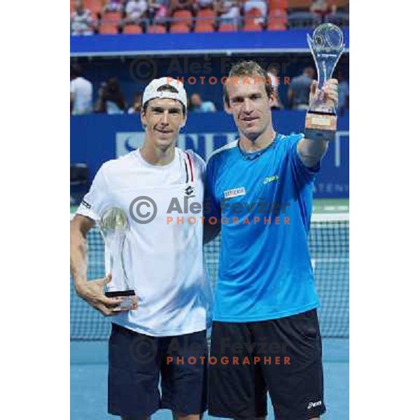 Martin Fischer of Austria, runner-up and Grega Zemlja of Slovenia, winner of Tilia Slovenia Open tennis tournament in ATP Challenger Tour played in SRC Marina, Portoroz, Slovenia on July 7, 2013 