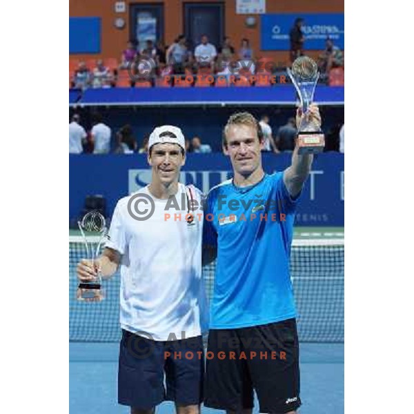 Martin Fischer of Austria, runner-up and Grega Zemlja of Slovenia, winner of Tilia Slovenia Open tennis tournament in ATP Challenger Tour played in SRC Marina, Portoroz, Slovenia on July 7, 2013 