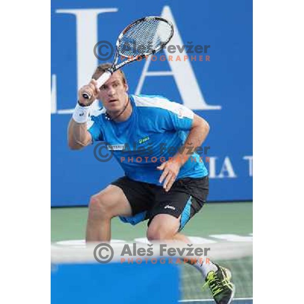 Grega Zemlja of Slovenia, winner of Tilia Slovenia Open in action during final of tennis tournament in ATP Challenger Tour played in SRC Marina, Portoroz, Slovenia on July 7, 2013 