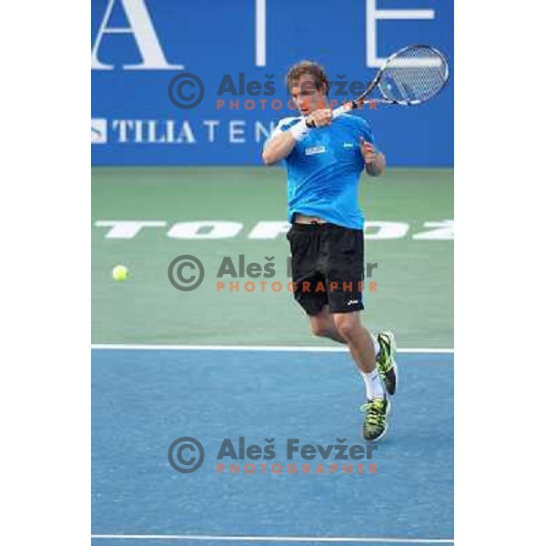 Grega Zemlja of Slovenia, winner of Tilia Slovenia Open in action during final of tennis tournament in ATP Challenger Tour played in SRC Marina, Portoroz, Slovenia on July 7, 2013 