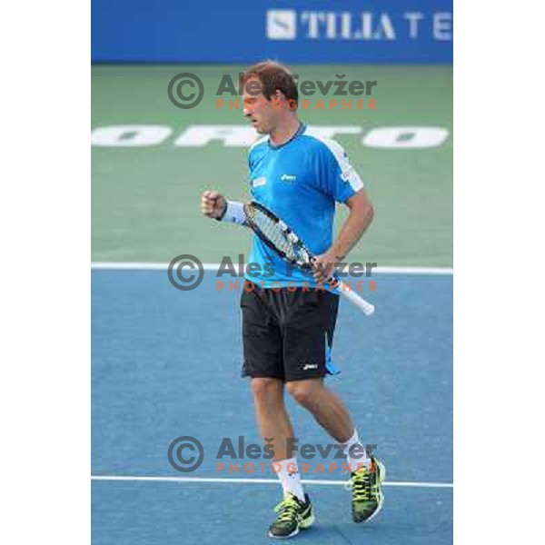 Grega Zemlja of Slovenia, winner of Tilia Slovenia Open in action during final of tennis tournament in ATP Challenger Tour played in SRC Marina, Portoroz, Slovenia on July 7, 2013 