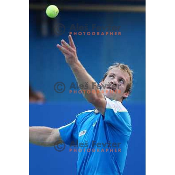 Grega Zemlja of Slovenia, winner of Tilia Slovenia Open in action during final of tennis tournament in ATP Challenger Tour played in SRC Marina, Portoroz, Slovenia on July 7, 2013 