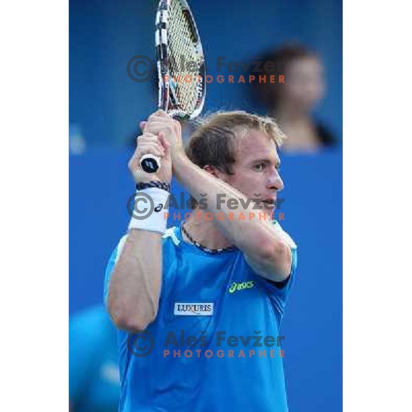 Grega Zemlja of Slovenia, winner of Tilia Slovenia Open in action during final of tennis tournament in ATP Challenger Tour played in SRC Marina, Portoroz, Slovenia on July 7, 2013 