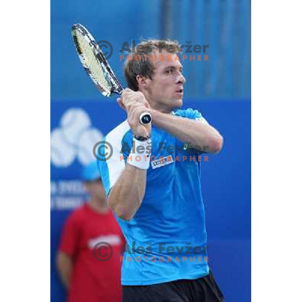Grega Zemlja of Slovenia, winner of Tilia Slovenia Open in action during final of tennis tournament in ATP Challenger Tour played in SRC Marina, Portoroz, Slovenia on July 7, 2013 