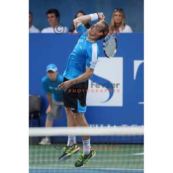 Grega Zemlja of Slovenia, winner of Tilia Slovenia Open in action during final of tennis tournament in ATP Challenger Tour played in SRC Marina, Portoroz, Slovenia on July 7, 2013 