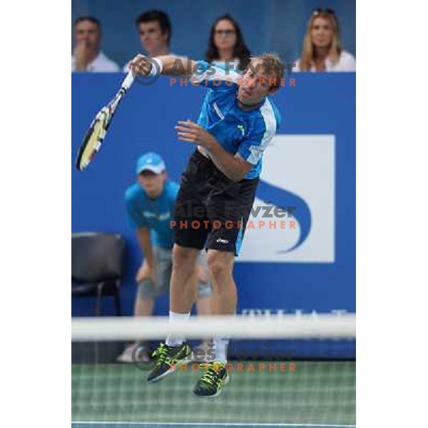 Grega Zemlja of Slovenia, winner of Tilia Slovenia Open in action during final of tennis tournament in ATP Challenger Tour played in SRC Marina, Portoroz, Slovenia on July 7, 2013 