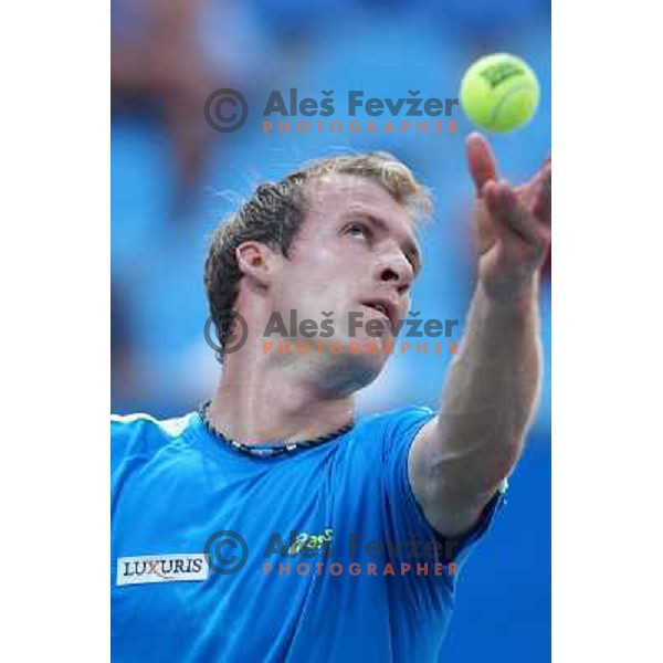 Grega Zemlja of Slovenia, winner of Tilia Slovenia Open in action during final of tennis tournament in ATP Challenger Tour played in SRC Marina, Portoroz, Slovenia on July 7, 2013 
