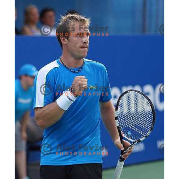 Grega Zemlja of Slovenia, winner of Tilia Slovenia Open in action during final of tennis tournament in ATP Challenger Tour played in SRC Marina, Portoroz, Slovenia on July 7, 2013 