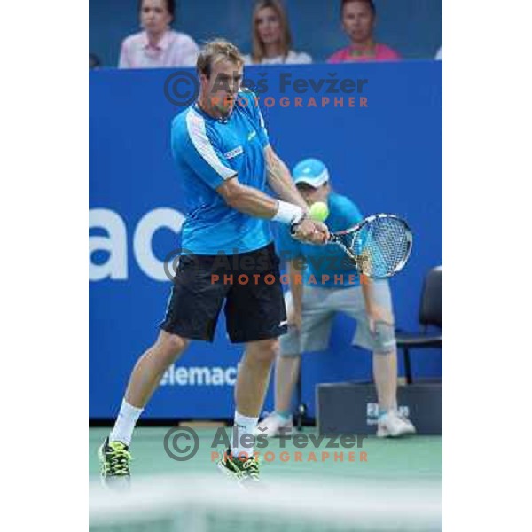 Grega Zemlja of Slovenia, winner of Tilia Slovenia Open in action during final of tennis tournament in ATP Challenger Tour played in SRC Marina, Portoroz, Slovenia on July 7, 2013 