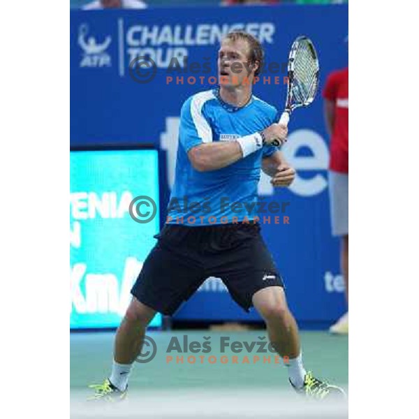 Grega Zemlja of Slovenia, winner of Tilia Slovenia Open in action during final of tennis tournament in ATP Challenger Tour played in SRC Marina, Portoroz, Slovenia on July 7, 2013 