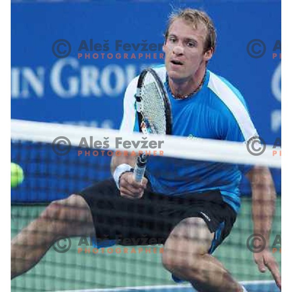 Grega Zemlja of Slovenia, winner of Tilia Slovenia Open in action during final of tennis tournament in ATP Challenger Tour played in SRC Marina, Portoroz, Slovenia on July 7, 2013 