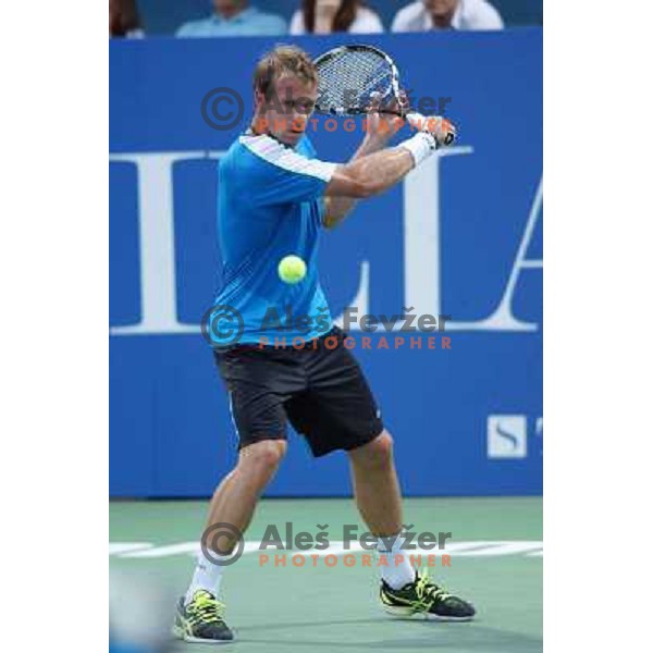 Grega Zemlja of Slovenia, winner of Tilia Slovenia Open in action during final of tennis tournament in ATP Challenger Tour played in SRC Marina, Portoroz, Slovenia on July 7, 2013 