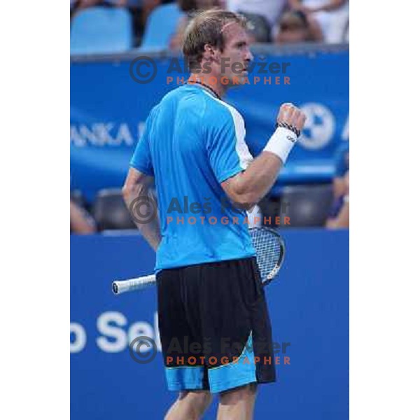 Grega Zemlja of Slovenia, winner of Tilia Slovenia Open in action during final of tennis tournament in ATP Challenger Tour played in SRC Marina, Portoroz, Slovenia on July 7, 2013 