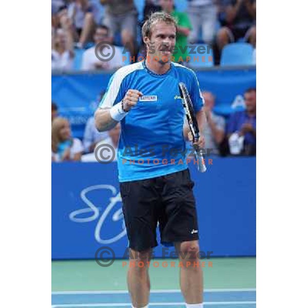 Grega Zemlja of Slovenia, winner of Tilia Slovenia Open in action during final of tennis tournament in ATP Challenger Tour played in SRC Marina, Portoroz, Slovenia on July 7, 2013 
