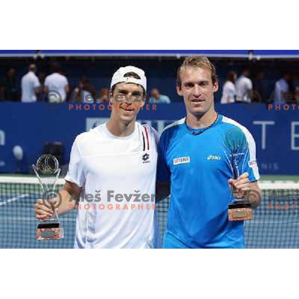 Martin Fischer of Austria, runner-up and Grega Zemlja of Slovenia, winner of Tilia Slovenia Open tennis tournament in ATP Challenger Tour played in SRC Marina, Portoroz, Slovenia on July 7, 2013 