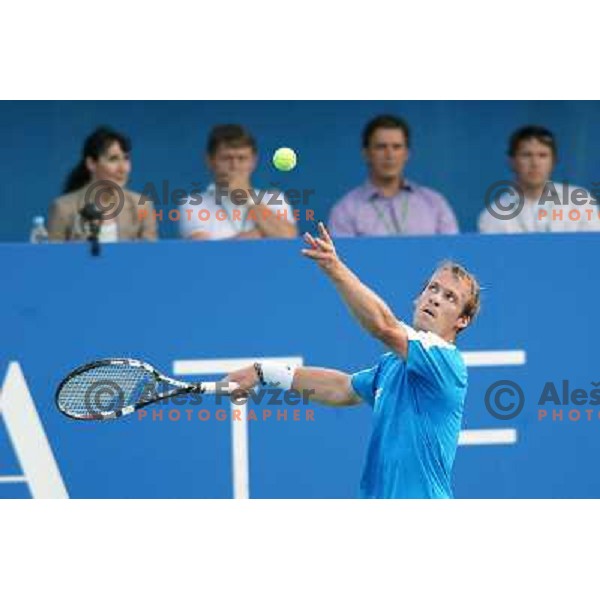 Grega Zemlja of Slovenia, winner of Tilia Slovenia Open in action during final of tennis tournament in ATP Challenger Tour played in SRC Marina, Portoroz, Slovenia on July 7, 2013 