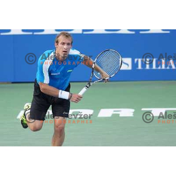 Grega Zemlja of Slovenia, winner of Tilia Slovenia Open in action during final of tennis tournament in ATP Challenger Tour played in SRC Marina, Portoroz, Slovenia on July 7, 2013 