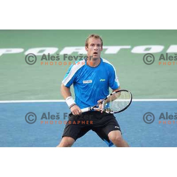 Grega Zemlja of Slovenia, winner of Tilia Slovenia Open in action during final of tennis tournament in ATP Challenger Tour played in SRC Marina, Portoroz, Slovenia on July 7, 2013 