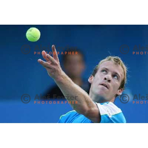 Grega Zemlja of Slovenia, winner of Tilia Slovenia Open in action during final of tennis tournament in ATP Challenger Tour played in SRC Marina, Portoroz, Slovenia on July 7, 2013 