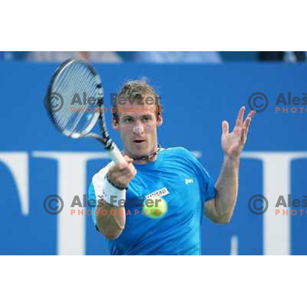 Grega Zemlja of Slovenia, winner of Tilia Slovenia Open in action during final of tennis tournament in ATP Challenger Tour played in SRC Marina, Portoroz, Slovenia on July 7, 2013 