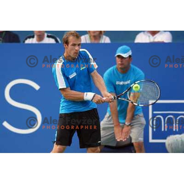 Grega Zemlja of Slovenia, winner of Tilia Slovenia Open in action during final of tennis tournament in ATP Challenger Tour played in SRC Marina, Portoroz, Slovenia on July 7, 2013 