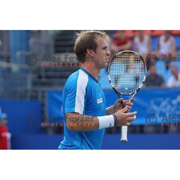 Grega Zemlja of Slovenia, winner of Tilia Slovenia Open in action during final of tennis tournament in ATP Challenger Tour played in SRC Marina, Portoroz, Slovenia on July 7, 2013 