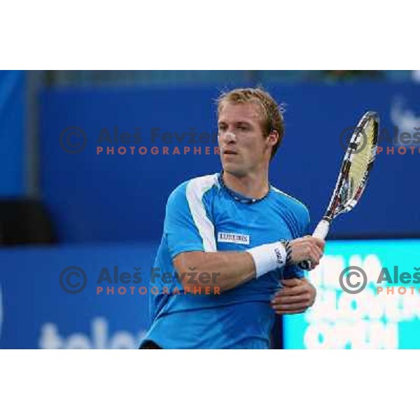 Grega Zemlja of Slovenia, winner of Tilia Slovenia Open in action during final of tennis tournament in ATP Challenger Tour played in SRC Marina, Portoroz, Slovenia on July 7, 2013 