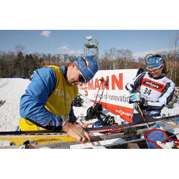 Swedish service man prepraing skis for Anna Karin Stroemstedt before Ladies Pursuit 7.5 km + 7.5 km at FIS Nordic World SKI Championships 2007 in Sapporo, Japan