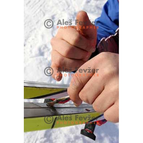 Putting wax to the skis before Ladies Pursuit 7.5 km + 7.5 km at FIS Nordic World SKI Championships 2007 in Sapporo, Japan