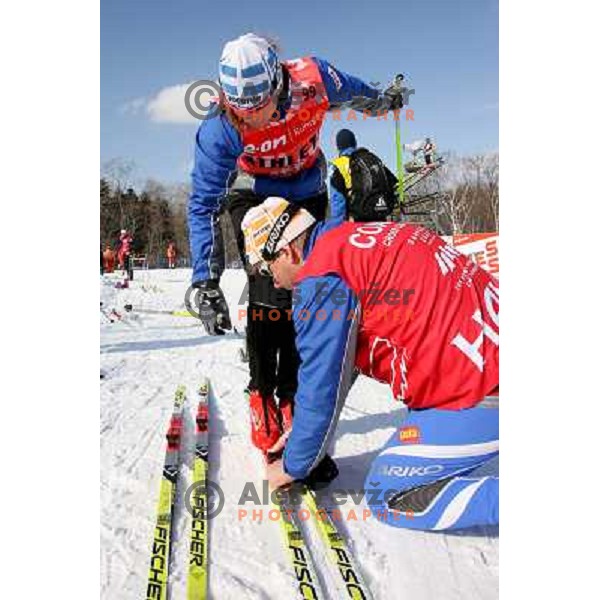 Petra Majdic and Lumpi testing the skis before Ladies Pursuit 7.5 km + 7.5 km at FIS Nordic World SKI Championships 2007 in Sapporo, Japan