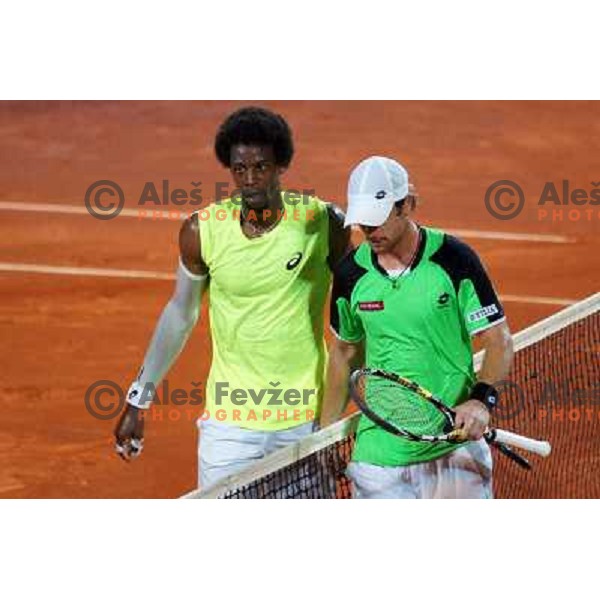 Gael Monfils of France and Blaz Kavcic of Slovenia playing in second round of ATP Vegeta Croatia Open tennis tournament in Umag, Croatia on July 24,2013 