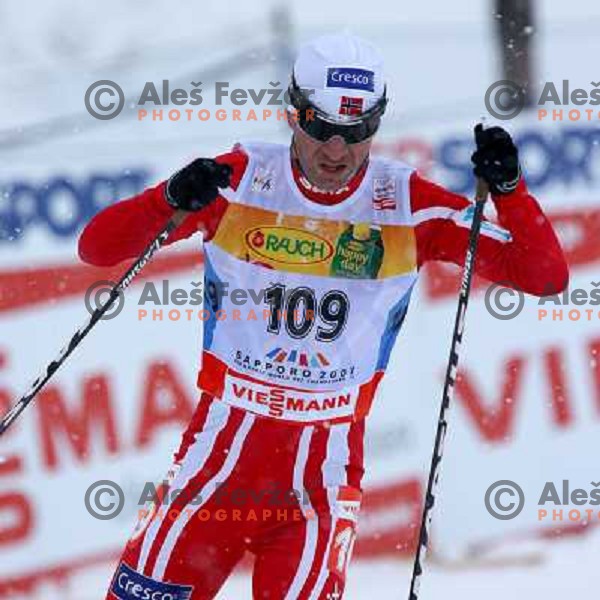Ole Einar Bjoerndalen racing in snow storm at Cross Country 15 km individual race at FIS Nordic Ski WC Sapporo, Japan