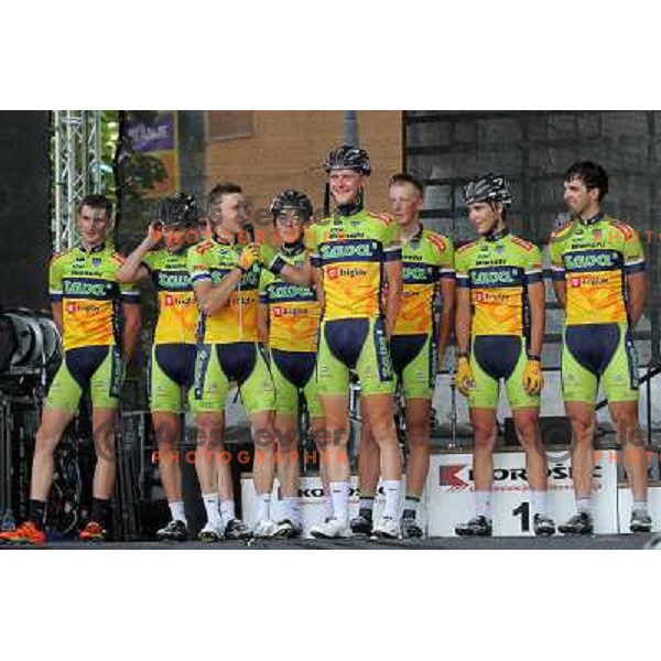 Tadej Valjavec, member of Sava Kranj cycling team finished his racing cycling career in his hometown Kranj in Slovenia during Grand Prix of Kranj EuroTour race on July 27,2013, team of Sava Kranj and Matej Mohoric