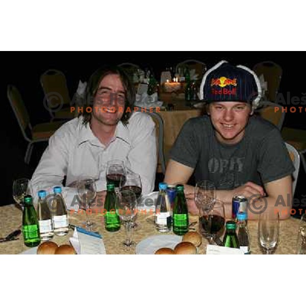 Ross Mercer (left) and Heath Frisby, Red Bull snowmobile riders at White dinner in Vitranc hall before second HIT Ski Legends Race in Kranjska gora, Slovenia