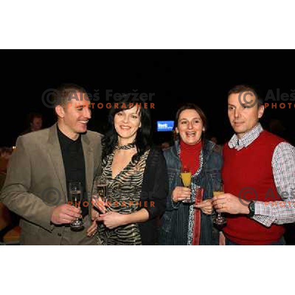 Matjaz Vrhovnik ( left) and Gregor Grilc with his wifes at White dinner in Vitranc hall before second HIT Ski Legends Race in Kranjska gora, Slovenia