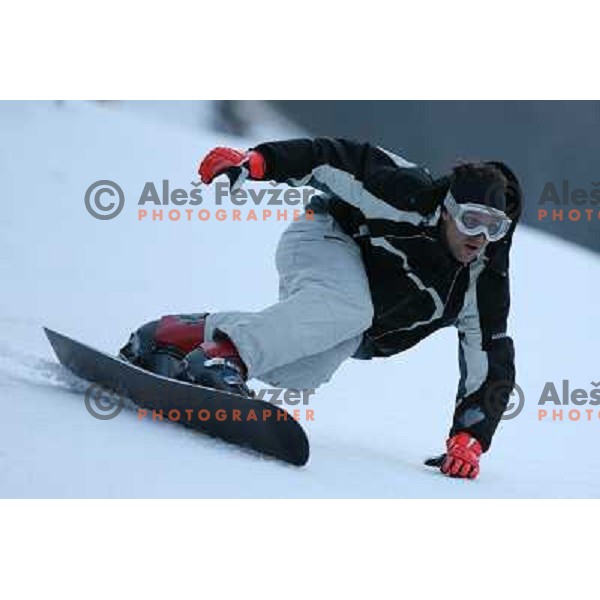 Dejan Kosir, world snowboard champion as forrunner at first run of second HIT Ski Legends Race in Kranjska gora, Slovenia hosted by Jure Kosir
