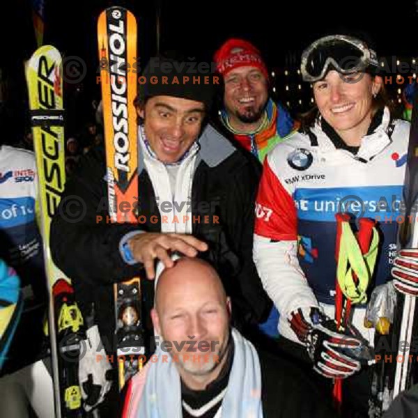 Alberto Tomba having fun with Lasse Kjus and Ingrid Salvenmoser after second run of HIT Ski Legends Challenge Race in Kranjska gora, Slovenia hosted by Jure Kosir