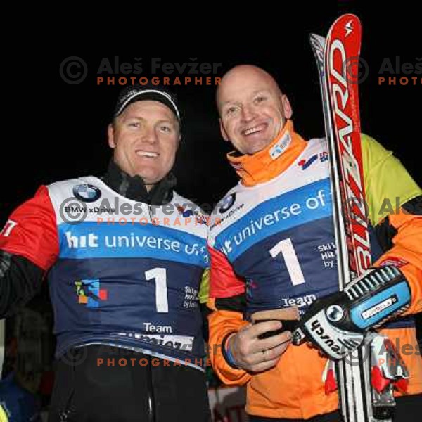 Amiez and Jagge after second run of HIT Ski Legends Challenge Race in Kranjska gora, Slovenia hosted by Jure Kosir