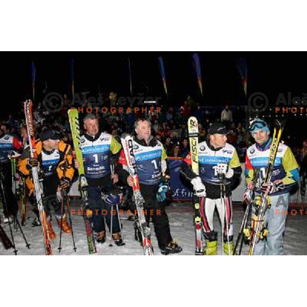 Kosir, Benedik, Strel, Amiez and Frommelt (left to right) after second run of HIT Ski Legends Challenge Race in Kranjska gora, Slovenia hosted by Jure Kosir