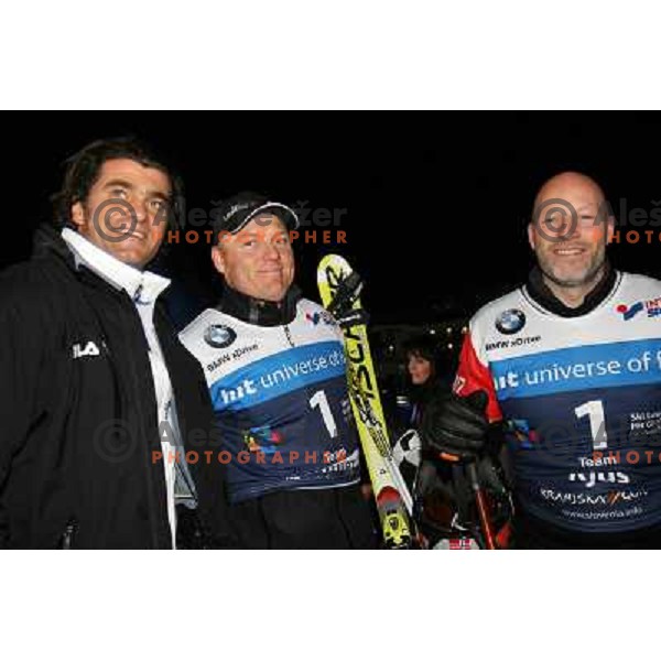 Tomba, Amiez and Kjus after second run of HIT Ski Legends Challenge Race in Kranjska gora, Slovenia hosted by Jure Kosir
