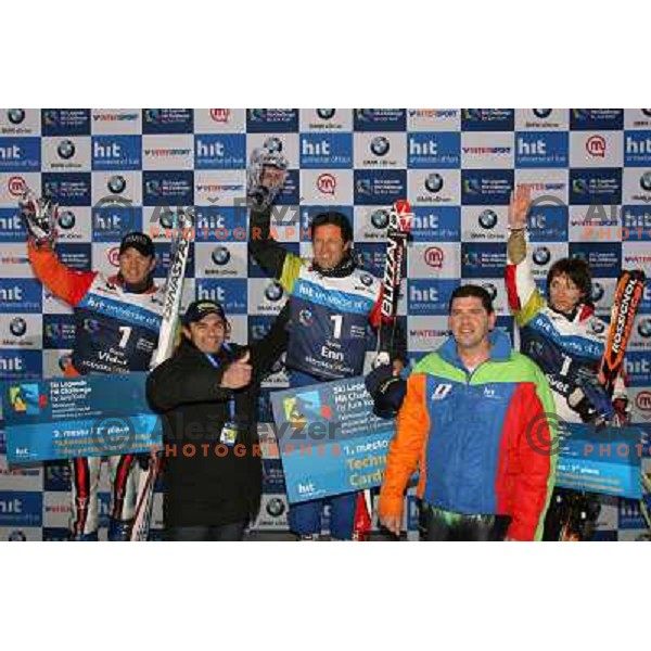 Vidal (second) Enn (winner) and Svet (third) at podium after second run of HIT Ski Legends Challenge Race in Kranjska gora, Slovenia hosted by Jure Kosir