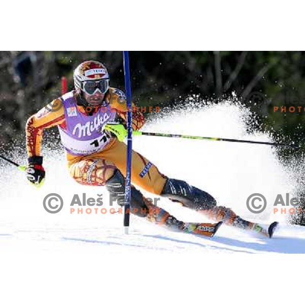 Thomas Grandi during first run of FIS Vitranc world cup slalom race in Kranjska Gora, Slovenia